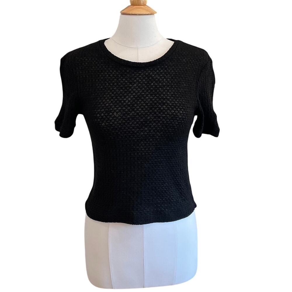 MNG Mango Black Short Sleeve Openwork Knit Sweater, Minimalist, Size M